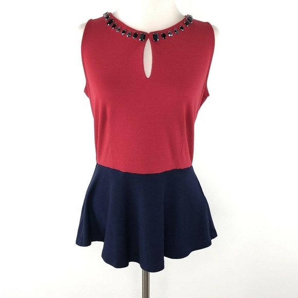 Boston Proper Red Navy Peplum Rhinestone Neck Top Shirt  |  Womens Small - Picture 1 of 9